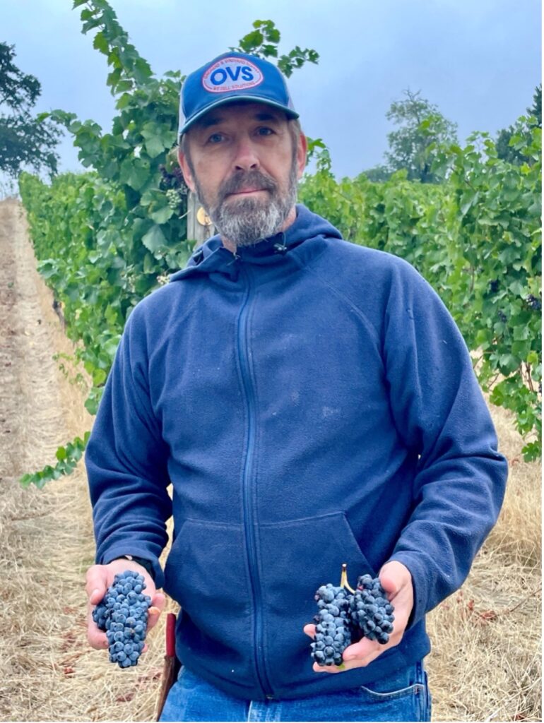 Boyd Teegarden in vineyard holding pinot noir grape clusters
