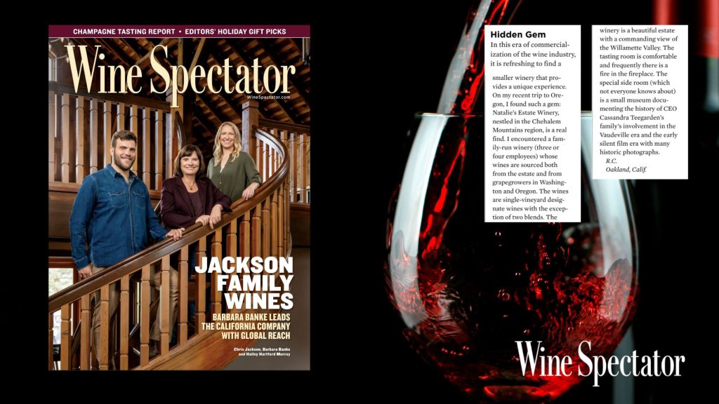 Hidden Gem in Oregon Wine Country Natalie's Estate highlighted in reader letter to Wine Spectator.